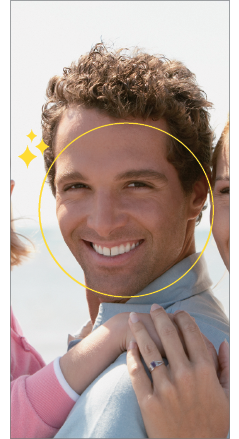 "Auto shot: When your face is recognized by the front camera, the guide frame on the screen turns yellow and a photo of your face is taken."