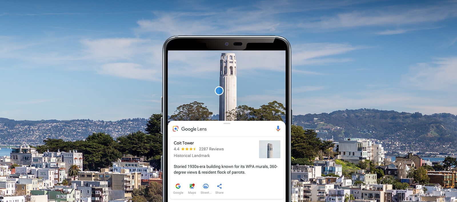 LG G7 ThinQ using Google Lens to identify the Coit Tower