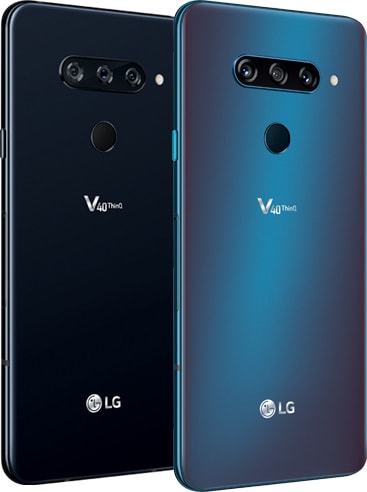 Black LG V40 ThinQ smartphone next to a blue LG V40 ThinQ smartphone