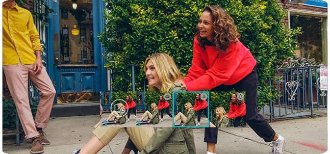 Photo of a girl pushing another girl on a skateboard displayed on all three LG V40 ThinQ lenses