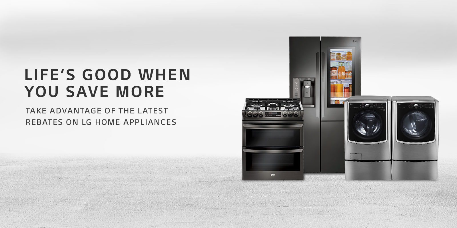 LG rebates on appliances on grey background