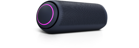 LG XBOOM Go PL7 with magenta lighting is placed on a grey surface.