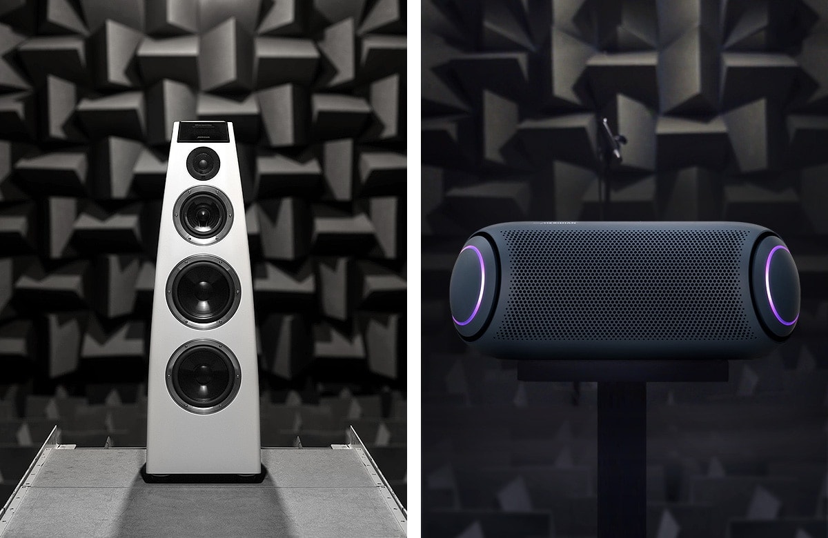 Meridian's dsp7200 is in a sound test room. On the right, LG XBOOM Go PL7 bluetooth speaker is also in a sound test room.