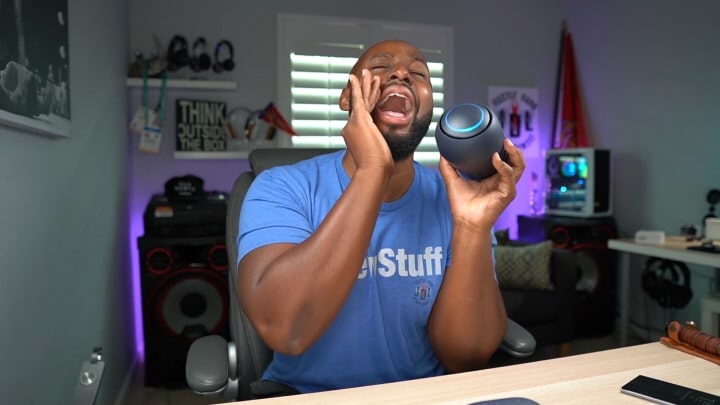 Video screenshot of influencer DLX Willington talking to the camera. with an accompanying quote about LG XBOOM Go.