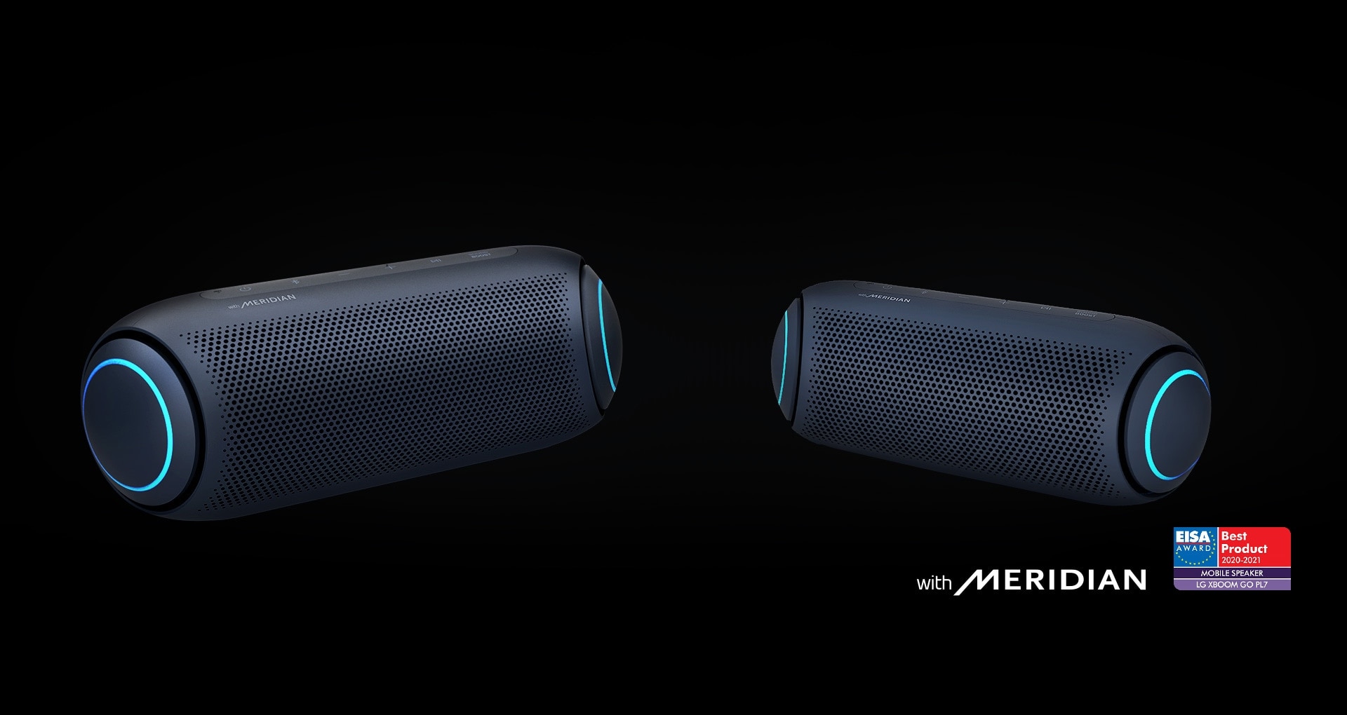 LG XBOOM Go PL7 and PL5 with sky blue lighting against a black background, with Meridian(logo)