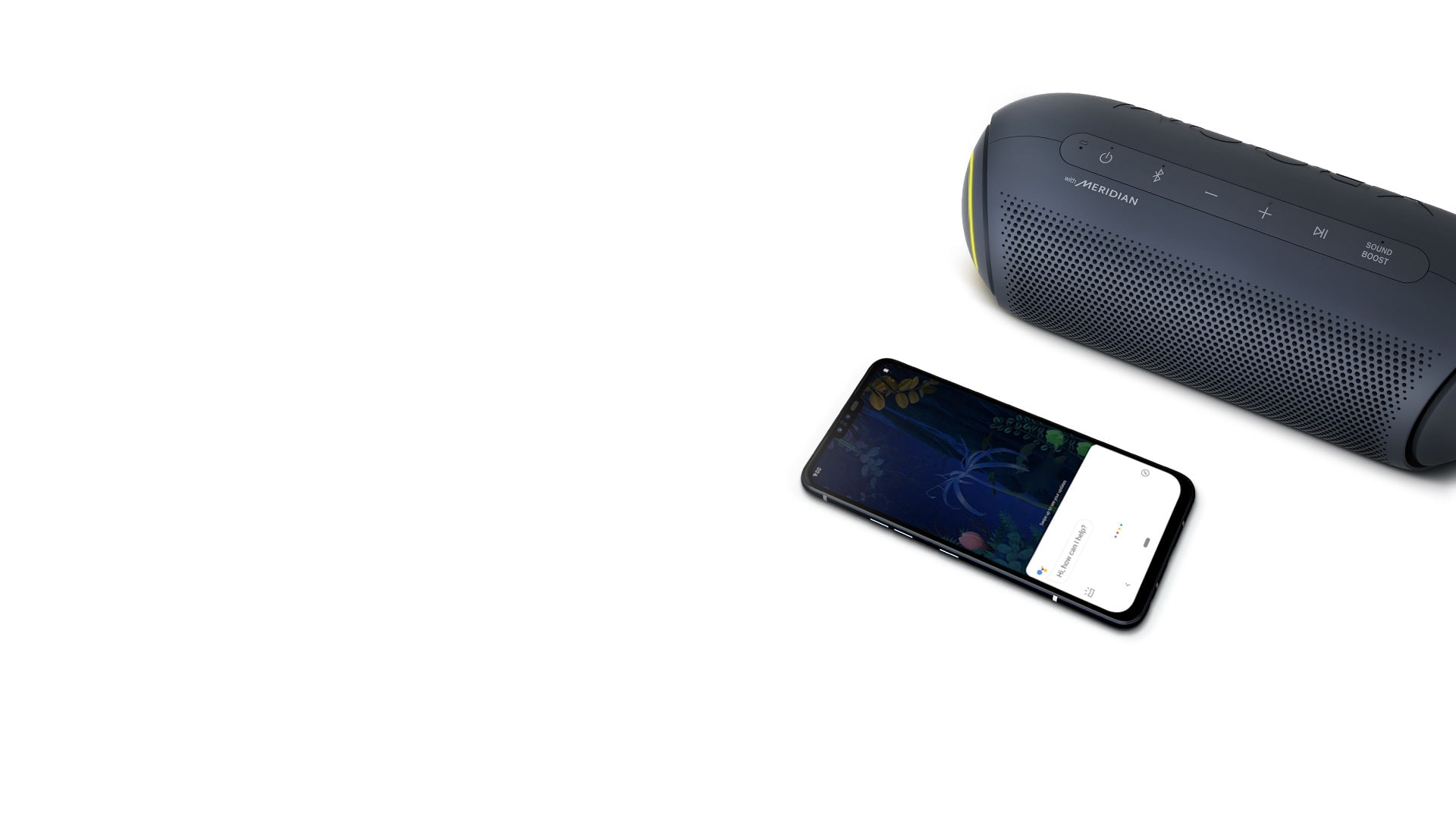 Top-down view of an LG XBOOM Go PL7 and smartphone. There is a speech bubble with âplay next song' inside.