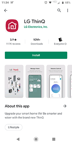 A screenshot of the LG ThinQ app detail screen
