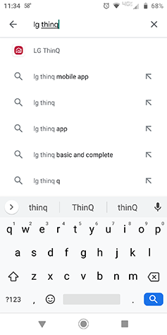A screenshot showing a search for the term lg thinq in the Google play store app