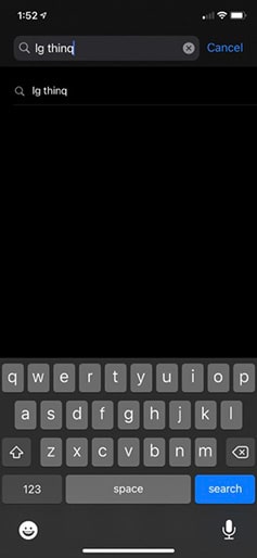 a screenshot that illustrates using the search fucntion in the apple app store to search for the term lg thinq