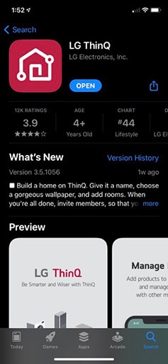 a screenshot that illustrates the lg thinq app detail page from the apple app store
