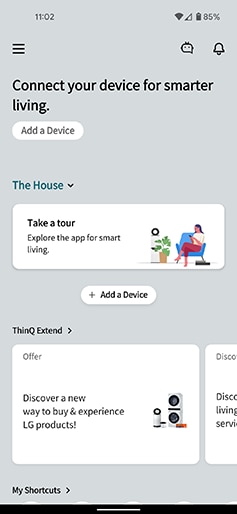 a screenshot of the lg thing app home dashboard with a add a device button