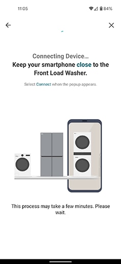 a screenshot from the lg thinq app that illustrates connecting to a front load washing machine