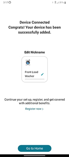 a screenshot from the lg thinq app that illustrates a successful connection to a front loading washing machine