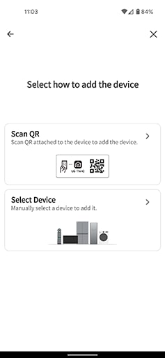 a screenshot from the lg thinq app illustrating product connection methods