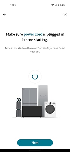 a screenshot from the lg thinq app illustrating instructions to plug in the appliance