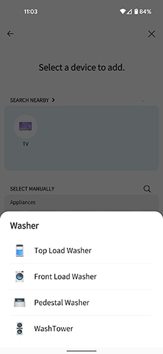 A screenshot of the lg thinq app showing a sub menu that allows you to classify the type of washer product you have selected