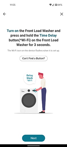 a screenshot from the lg thinq app that illustrates the instructions on how to activate the wifi connection on a front loading washer