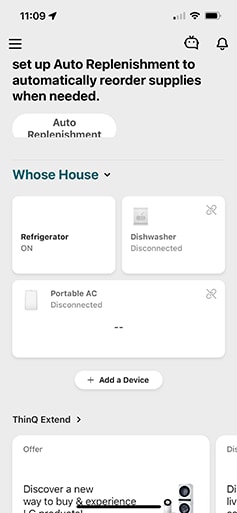 a screenshot of the lg thing app home dashboard with an add a device button
