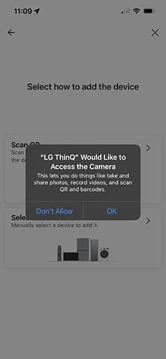 a screenshot from the lg thinq app illustrating product connection methods