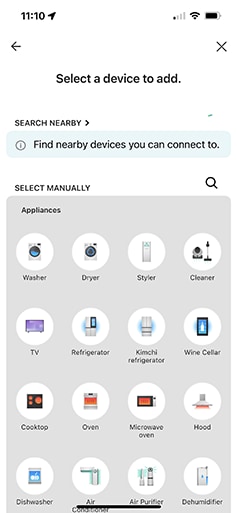 a screenshot from the lg thinq app illustrating the product selection page