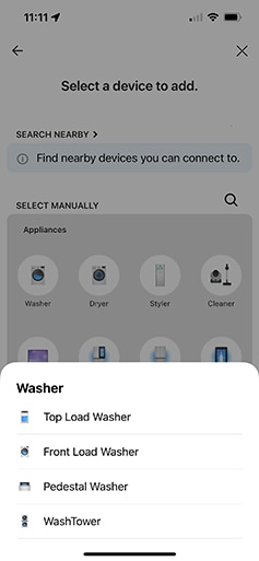 A screenshot of the lg thinq app showing a sub menu that allows you to classify the type of washer product you have selected