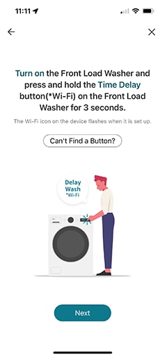 a screenshot from the lg thinq app that illustrates the instructions on how to activate the wifi connection on a front loading washer