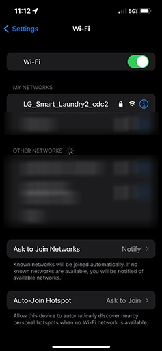 a screen capture from an iPhone device that illustrates the network ID that is broadcast from an LG front loading washer