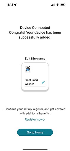 a screenshot from the lg thinq app that illustrates a successful connection to a front loading washing machine