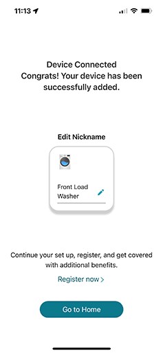 a screenshot from the lg thinq app that illustrates a successful connection to a front loading washing machine