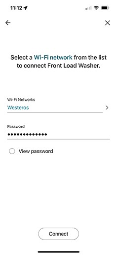 a screen capture from the lg thinq app that depicts the form used to select your home network and enter its password