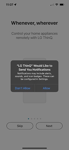 a screenshot from the lg thinq app illustrating a notification permission popup