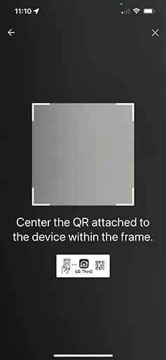 a screenshot from the lg thinq app illustrating the QR code scanner