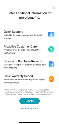 a screenshot from the lg thinq app that illustrates the benefits of product registration