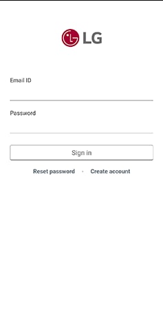 A screenshot of the LG account sign in page inside the LG thinq app