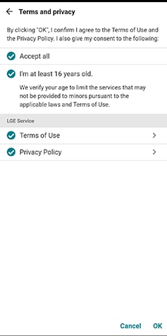 A screenshot of the terms and privacy agreement page inside the LG ThinQ app