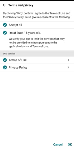 A screenshot of the terms and privacy agreement page inside the LG ThinQ app