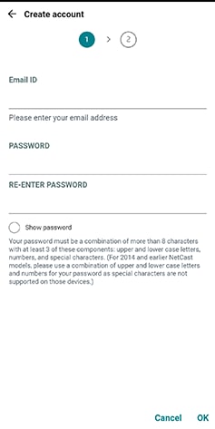 A screenshot of the create account page inside the lg thinq app