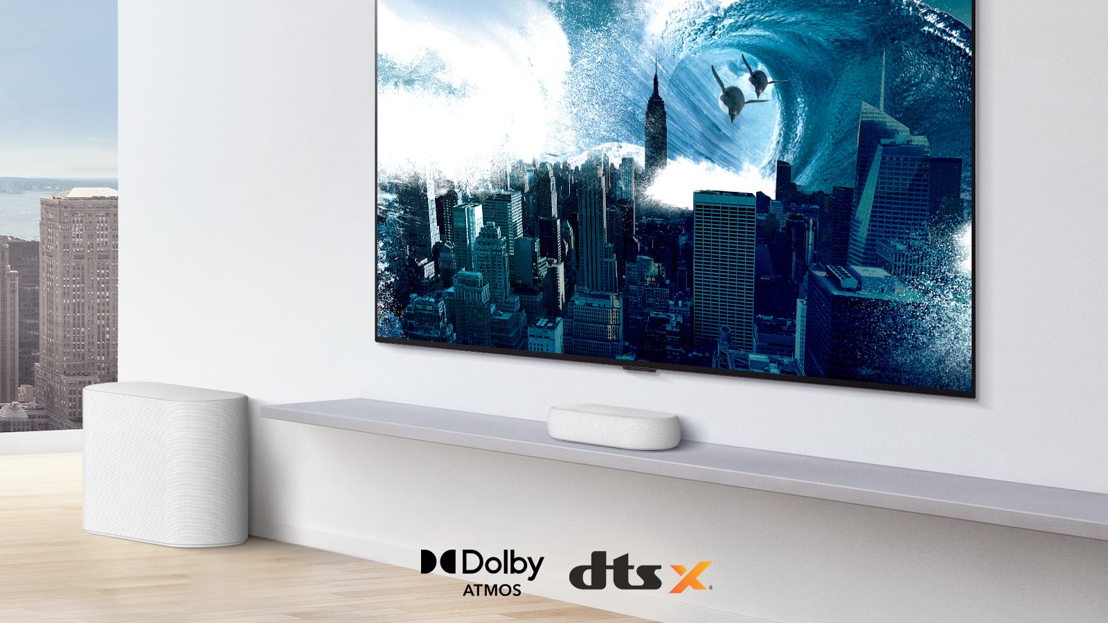 TV is on the wall. TV shows a big, swirling wave hitting the entire city. LG Eclair is right below TV on a white shelf with a sub-woofer right next. Dolby Atmos and DTS X logo shown on middle bottom of image.