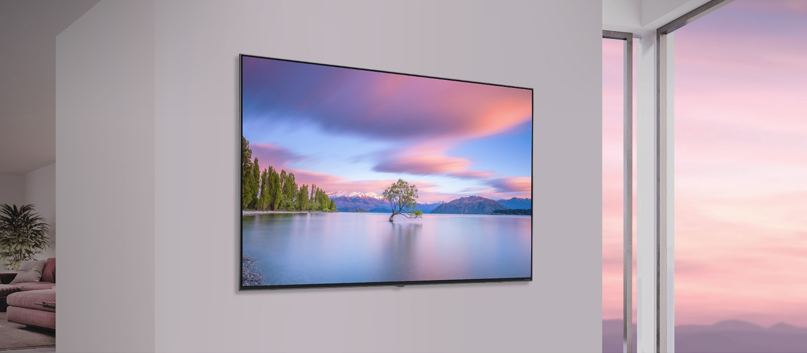 A scene depicting a flat-screen LG NanoCell TV mounted on a white wall. As the image scrolls from side to side the image changes from a 55-inch to 86-inch TV