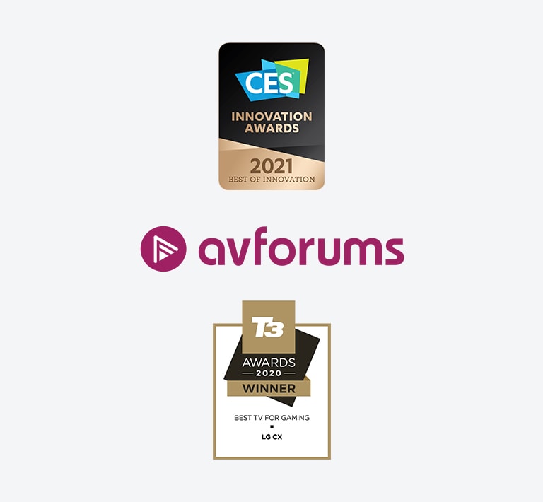 2021 CES Best Innovation Award 로고, Avforums 로고, T3 Awards 로고