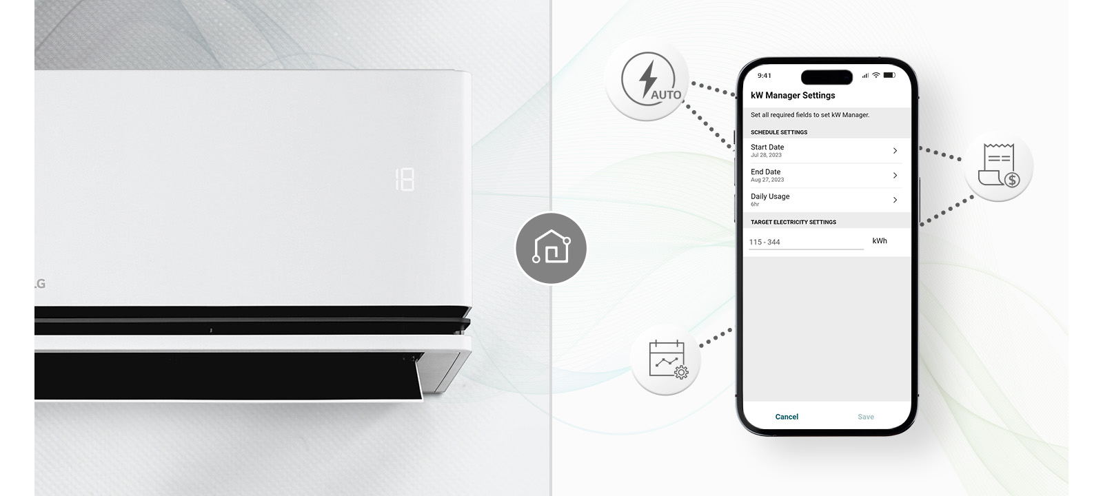 A air conditioner and a smartphone with LG ThinQ™ screen. Around the mobile phone, icons that introduce ThinQ functions are displayed.