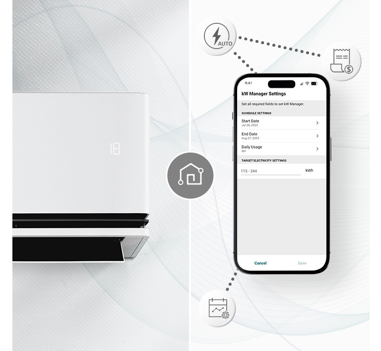 A air conditioner and a smartphone with LG ThinQ™ screen. Around the mobile phone, icons that introduce ThinQ functions are displayed.