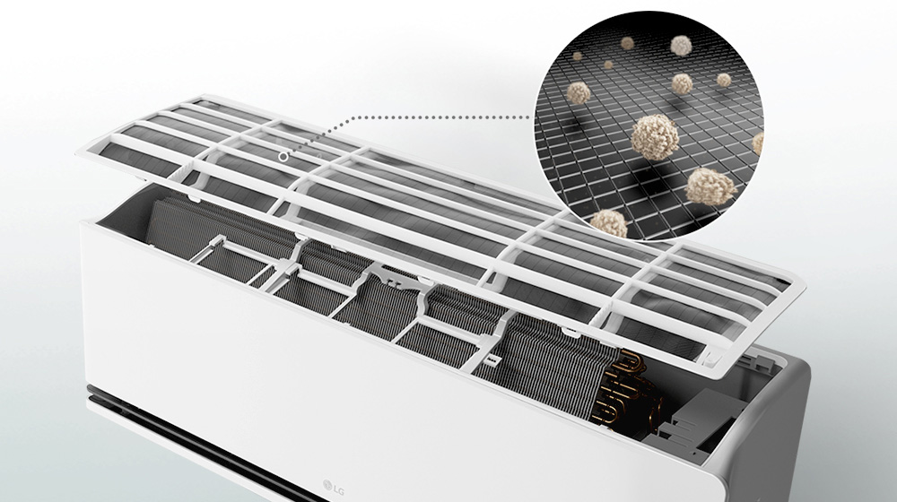 Кондиционер с открытым фильтром и детальным разрезом, на котором изображена фильтруемая пыль.