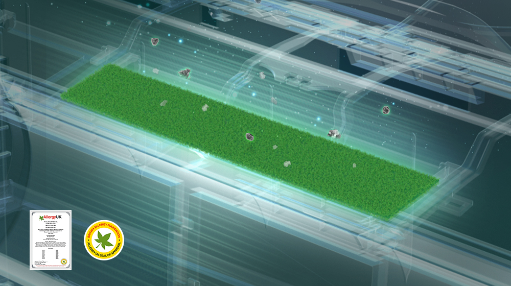 Кондиционер показан с фильтрами, расположенными сверху, чтобы продемонстрировать фильтр для аллергиков, установленный внутри. Внутри машины находится весь зеленый фильтр для аллергиков, в который попадают пылевые клещи. Логотип Allergy Filter находится в левом нижнем углу.