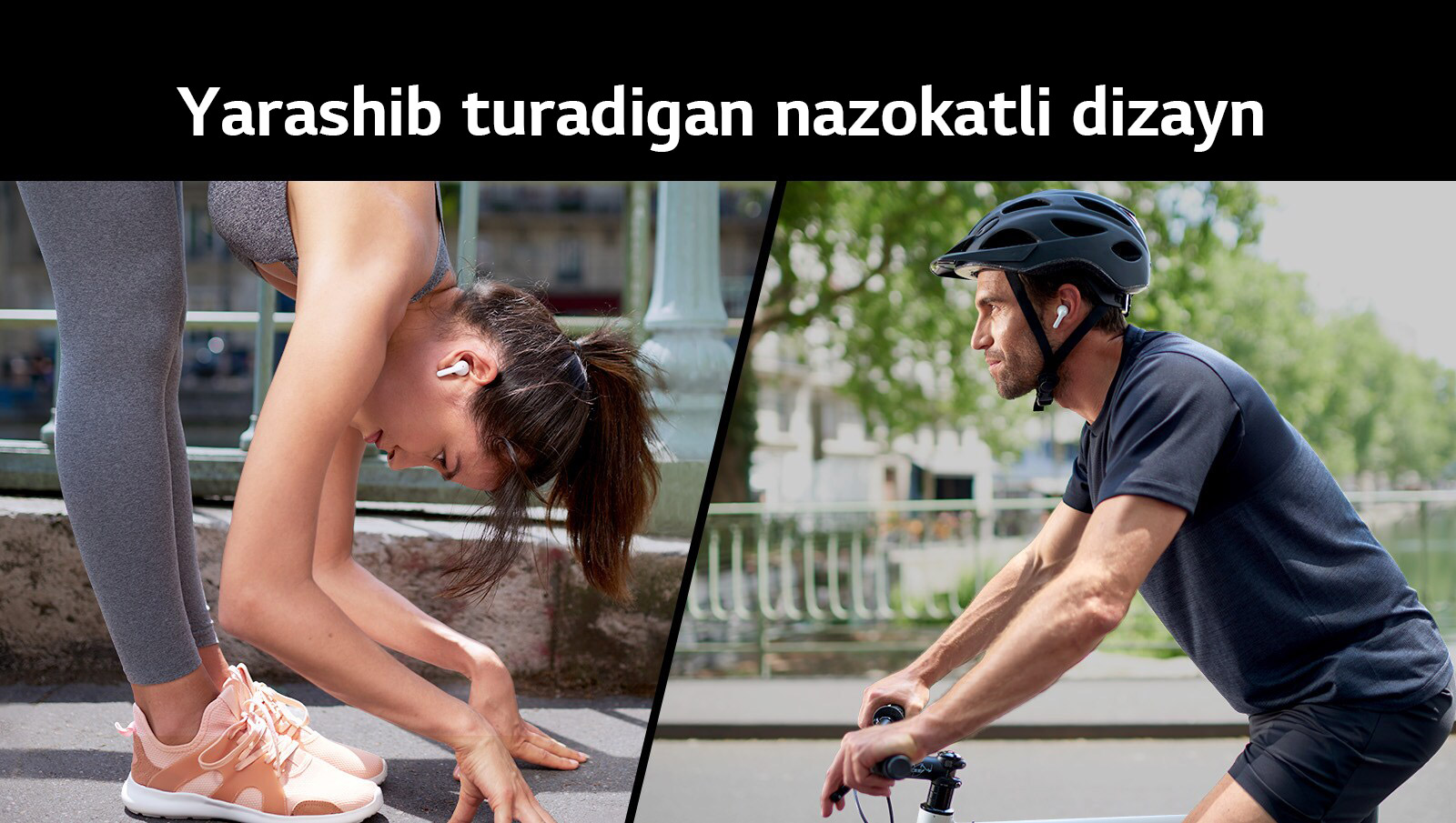 FN TONE Free quloqliklaridagi ayol choʻzilish uchun egilmoqda. Erkak velosipedda sayr qilmoqda.