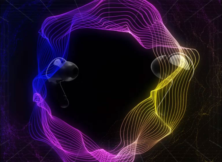 Virtual muhitda suzuvchi ikkita quloqlikning muhitni qamrab olgan yorqin yoritish tasviri.