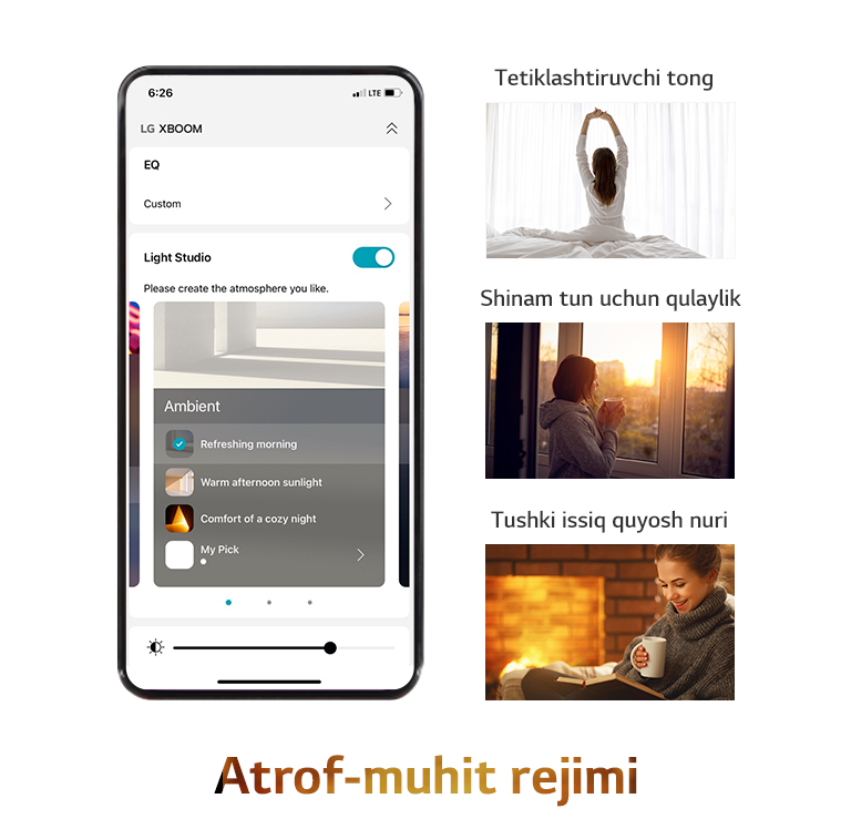 Atrof-muhit rejimidagi, ilova ekrani yoqilgan mobil telefon tasviri. Tasvirlarda karavotda o‘tirgancha kerishayotgan ayol, quyosh botishini tomosha qilayotgan ayol va kitob oʻqib dam olayotgan ayol tasvirlari bor.