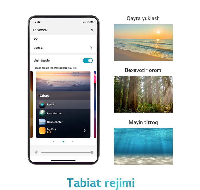 Tabiat rejimidagi, ilova ekrani yoqilgan mobil telefon tasviri. Quyosh botishi paytidagi plyaj tasviri. Quyosh nurlari yogʻilgan oʻrmon tasviri. Dengizning shaffof yuzasini yorib oʻtayotgan yorugʻlik tasviri.