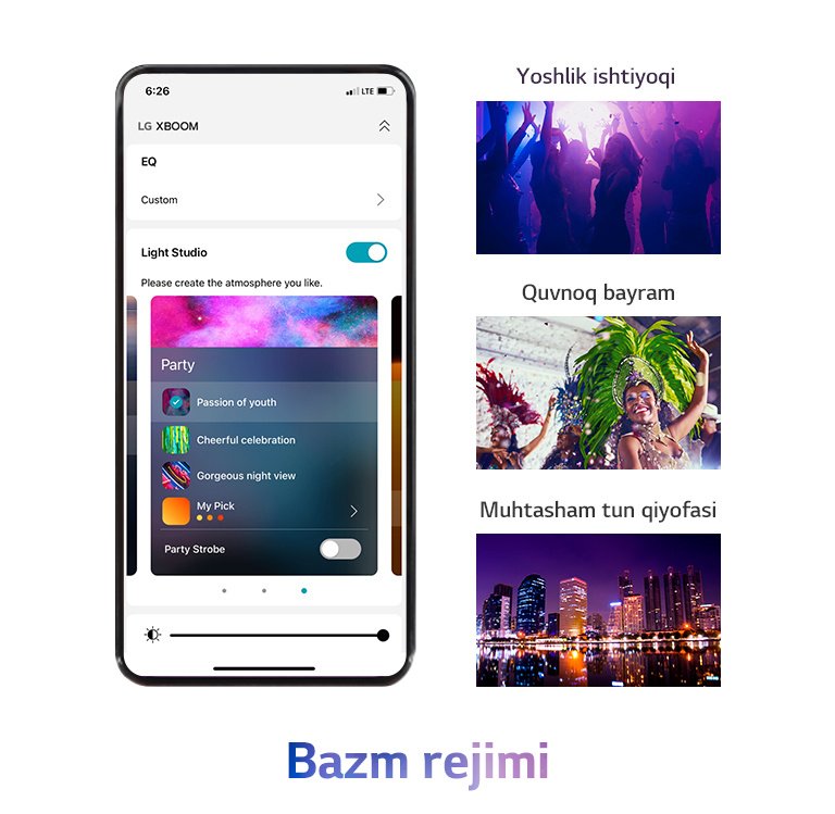 Kechki bazm rejimidagi ilova ekrani yoqilgan mobil telefon tasviri. Klublarda raqsga tushayotgan odamlarning siluet tasvirlari. Yorqin bayramona libos kiygan ayol tasviri. Neon ranglari bilan yoritilgan shaharning tungi koʻrinishi.
