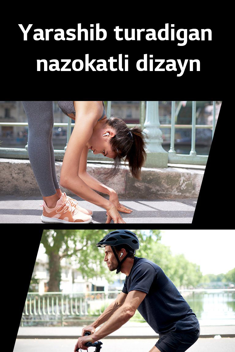 FN TONE Free quloqliklaridagi ayol choʻzilish uchun egilmoqda. Erkak velosipedda sayr qilmoqda.